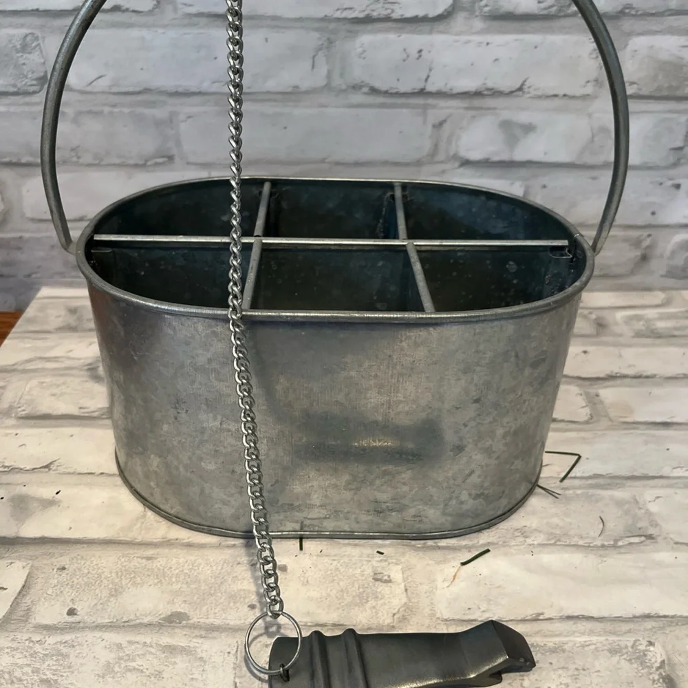 Pottery Barn Silver Metal 6 pack beer Caddy with Handle and bottle opener
